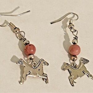 Charming Silver Horse Earrings with Pink Beads Fish Hooks 1 1/2”